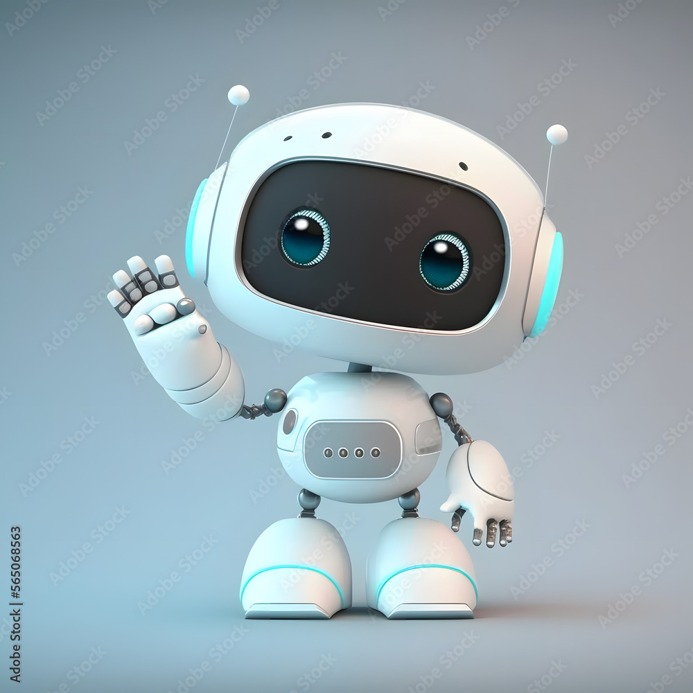 Friendly AI Chatbot Robot character waving, simple 3D blue background - Bot Achter Oor Doet Pijn