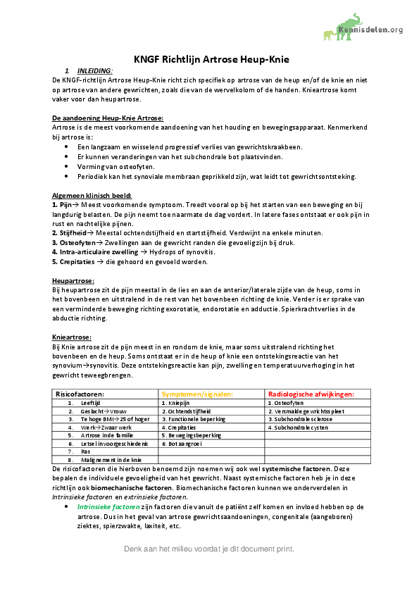 Fysiotherapie KNGF richtlijn Artrose heup-knie samenvatting - KennisDelen - Kngf Richtlijn Artrose Heup Knie