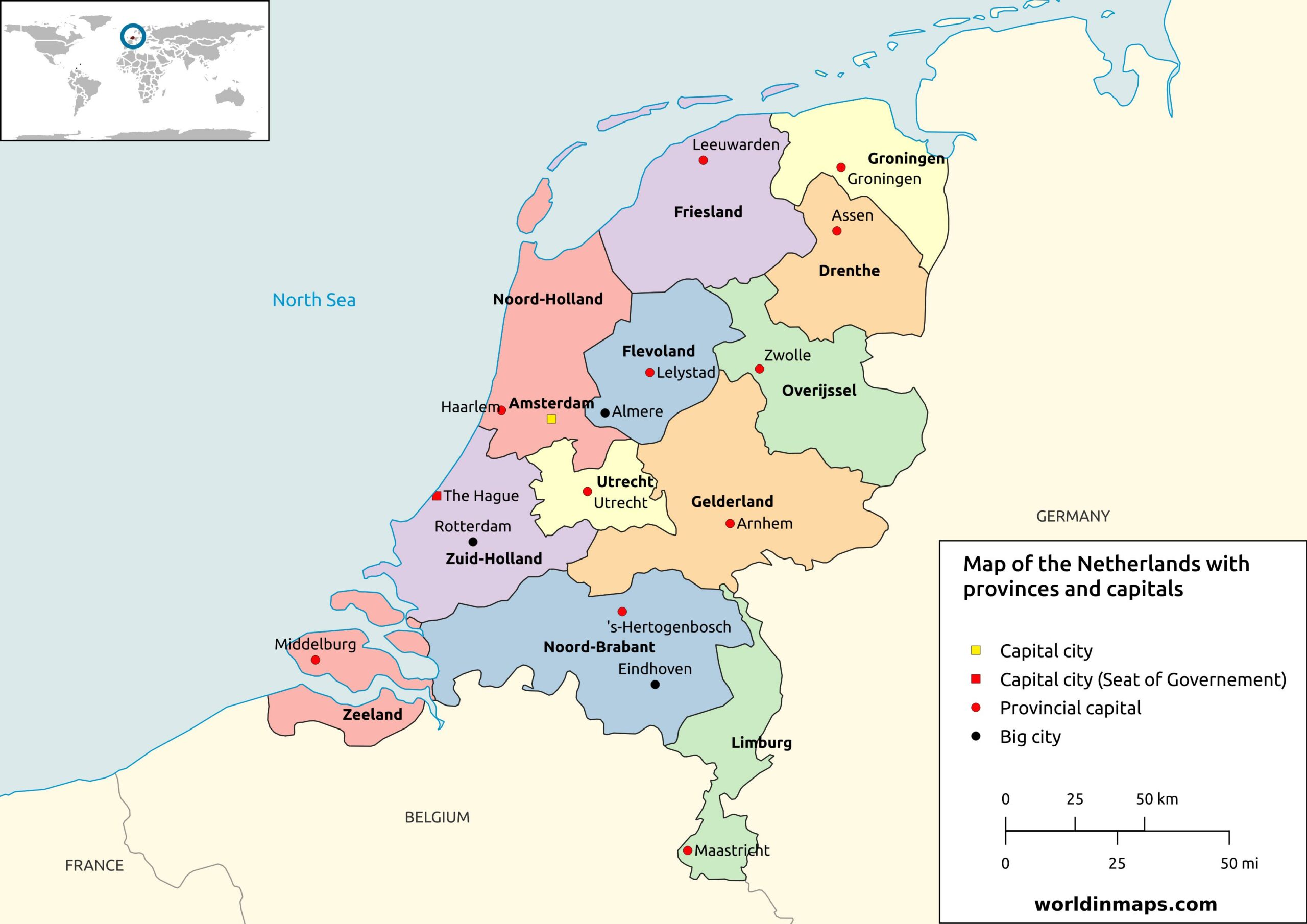 Geography of the Netherlands - World in maps - Kaart Nederland Provincies En Hoofdsteden