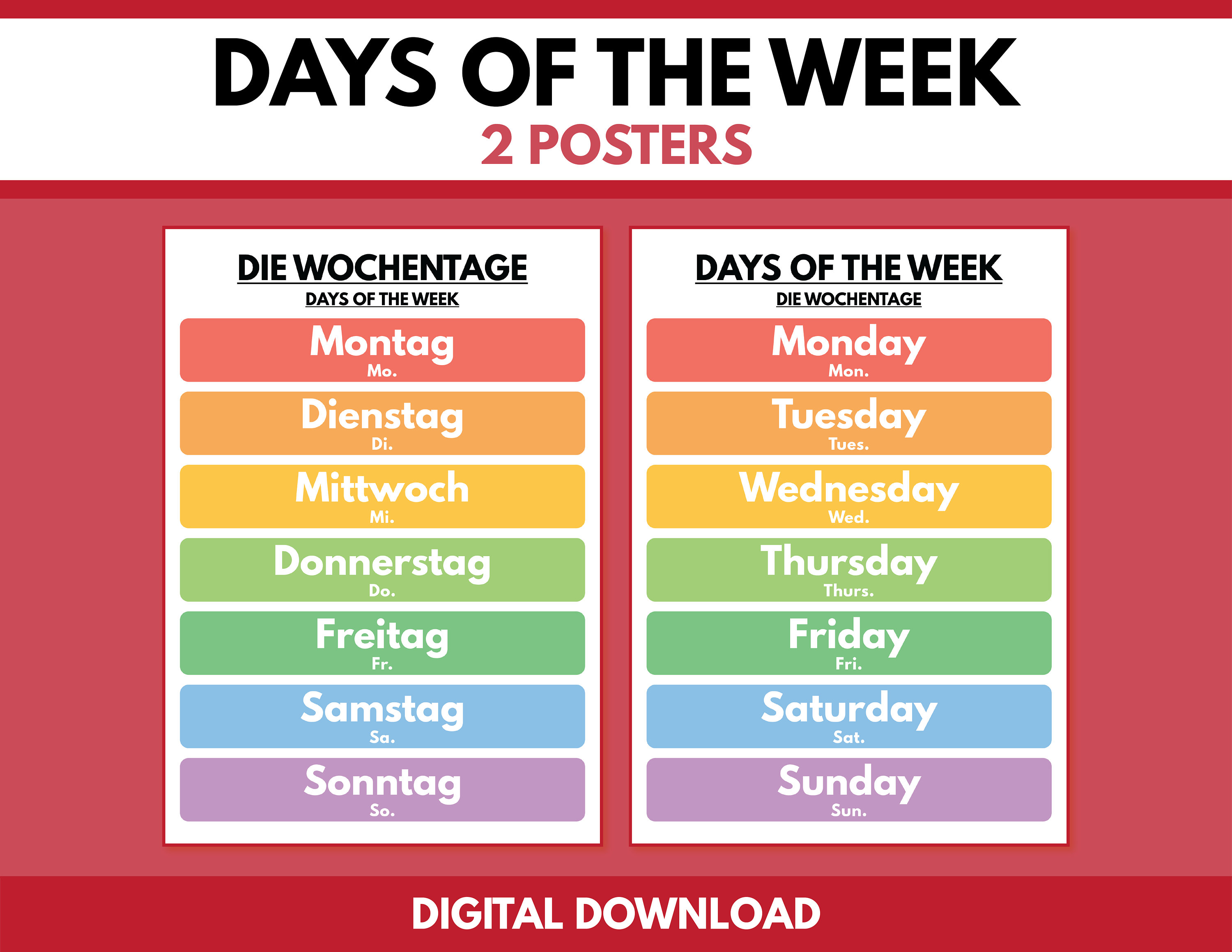 German Language, DAYS of THE WEEK in German, 2 Posters Set, German - Waar Komen De Namen Van De Dagen Vandaan