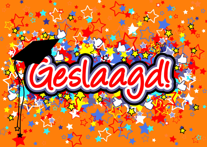 Geslaagd! vrolijk oranje ster L | Kaartje2go - Ben Ik Geslaagd Met Deze Cijfers