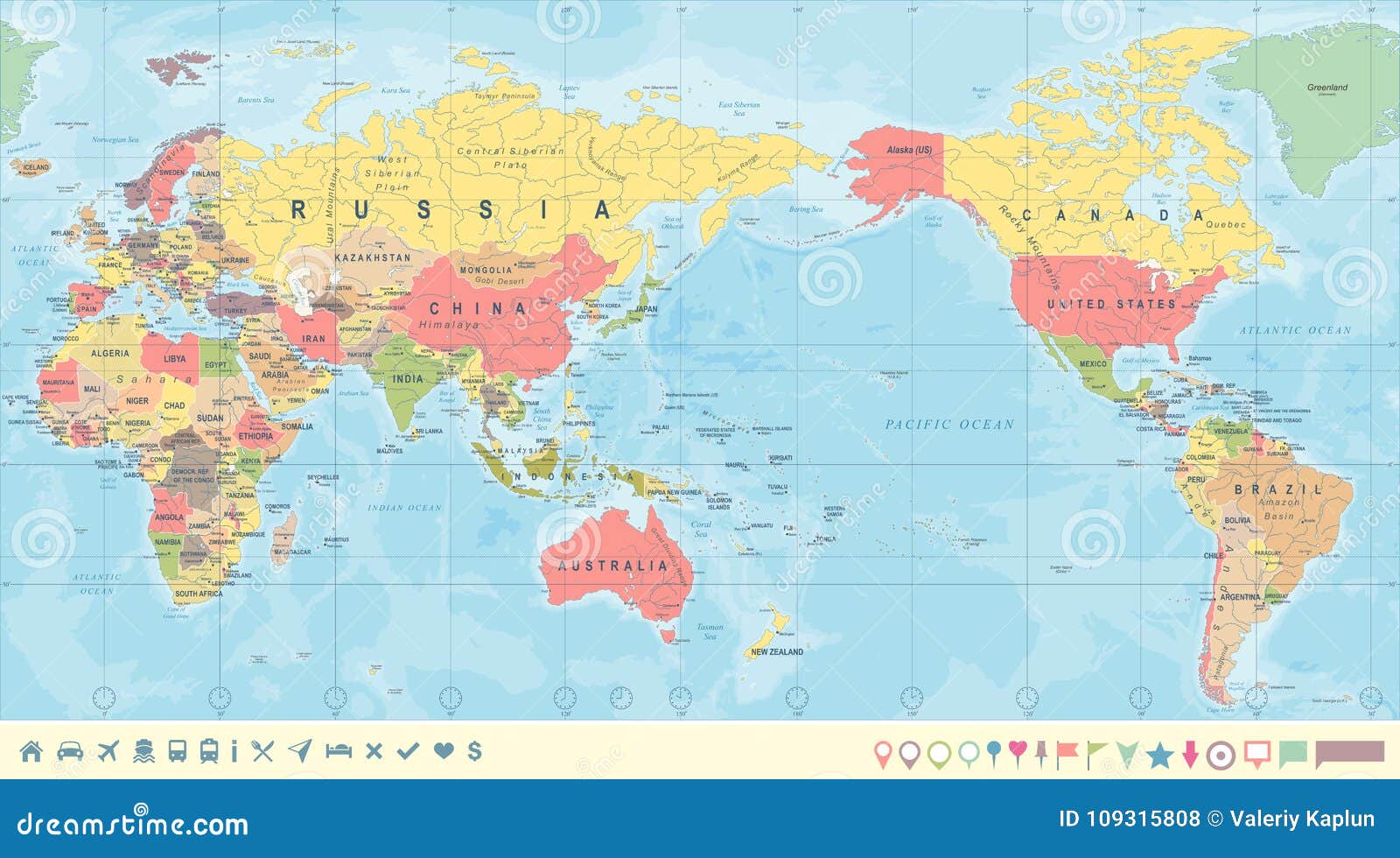 Giant Topographic World Map Pacific Ocean Centered Wall Mural - Waar Ligt De Stille Oceaan