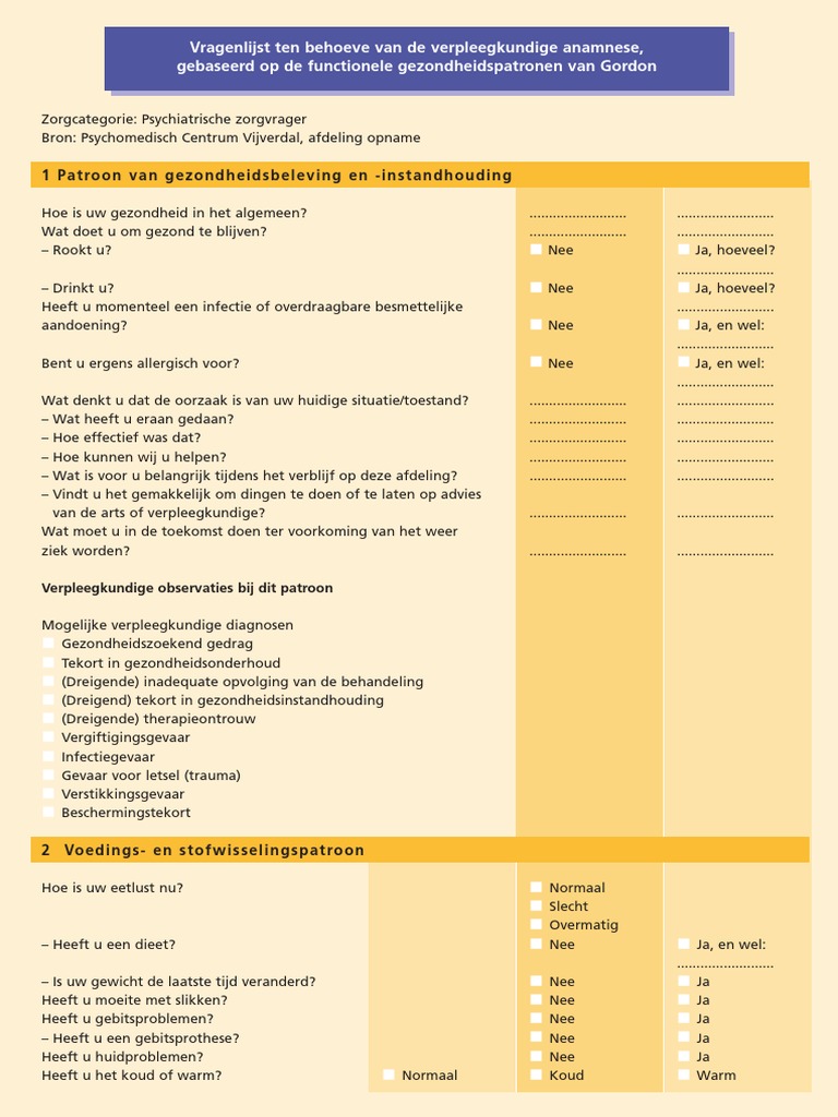 Verpleegkundige Anamnese 11 Gezondheidspatronen Gordon Voorbeelden