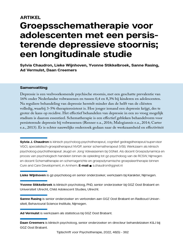 Groepsschematherapie Voor Adolescenten Met Een Persis-Terende - Persisterende Depressieve Stoornis Dsm 5