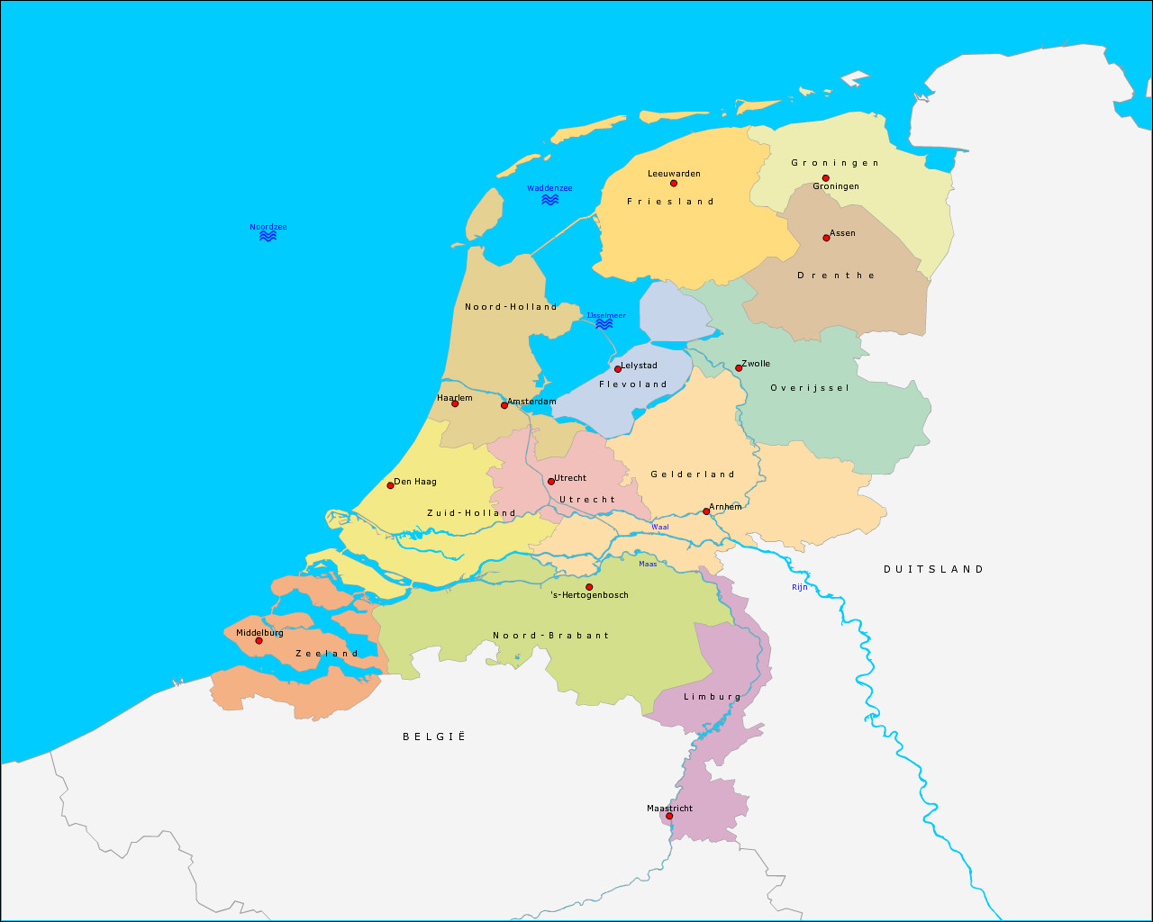 Grote kaart Provincies, hoofdsteden en wateren van Nederland Continents - Provincies En Hoofdsteden Nederland Oefenen