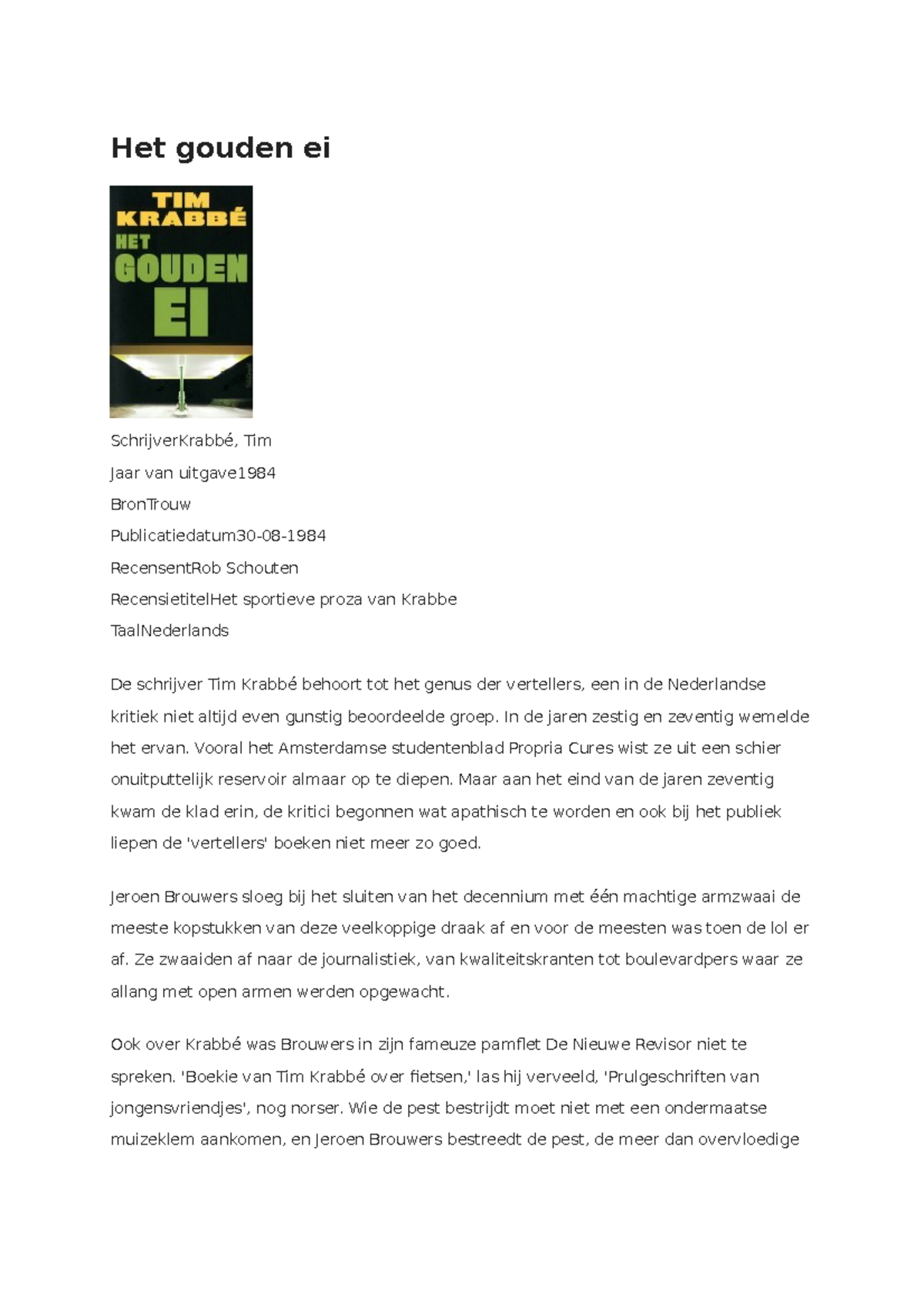Het Gouden Ei Samenvatting Per Hoofdstuk