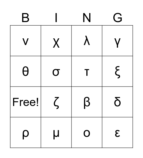 Het Griekse alfabet Bingo Card - Wat Is De Derde Letter Van Het Griekse Alfabet