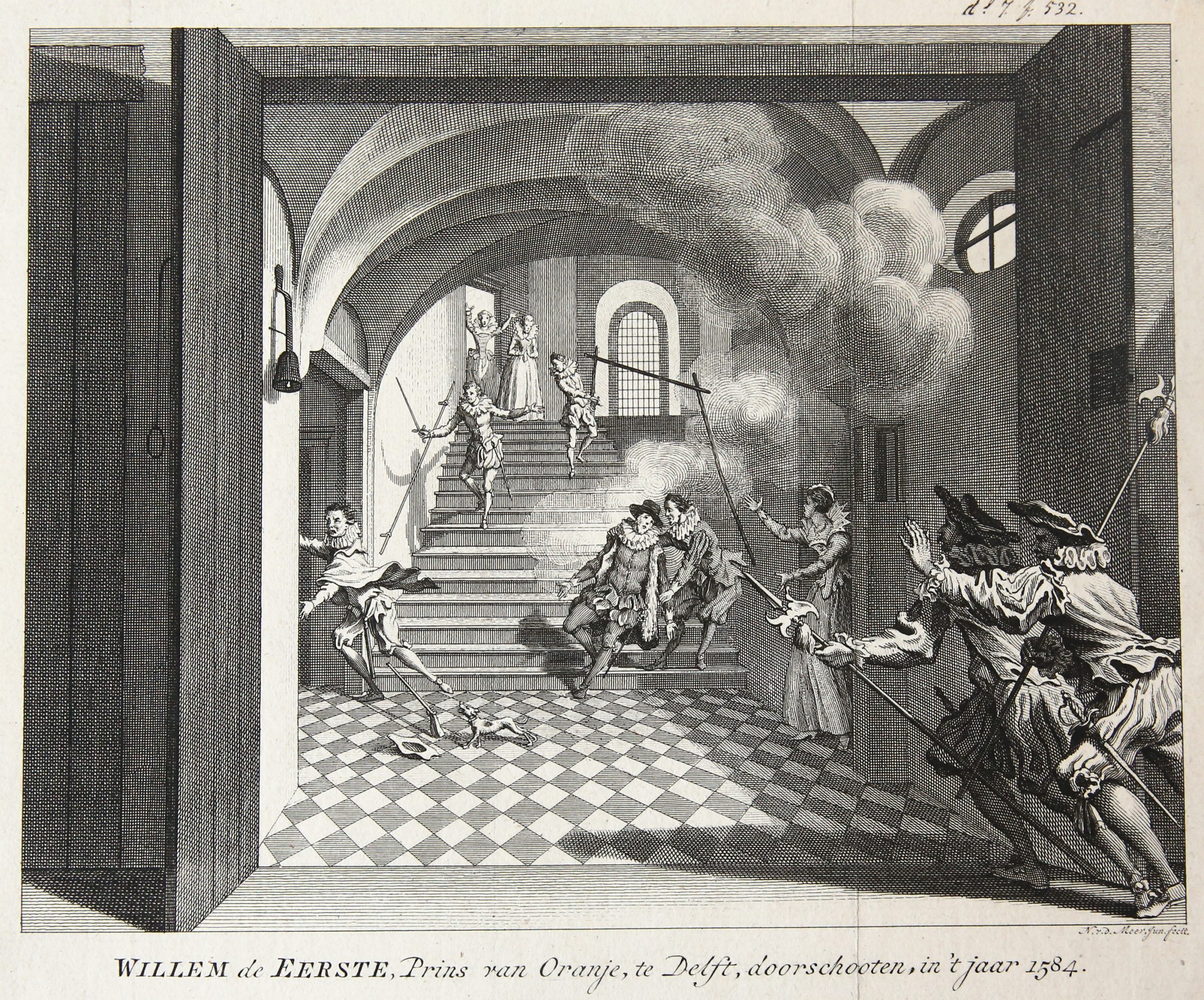 [History print, etching] 'Willem de Eerste, Prins van Oranje, te Delft - Waarom Werd Willem Van Oranje Vermoord