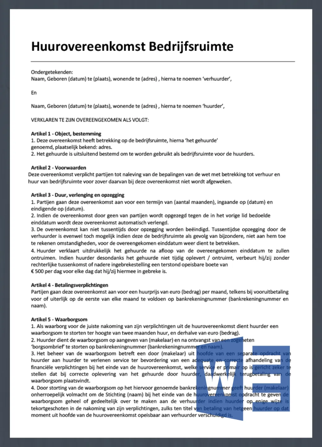 Huurovereenkomst Bedrijfsruimte - Gratis sjabloon in Word - Huurovereenkomst Kantoorruimte En Andere Bedrijfsruimte