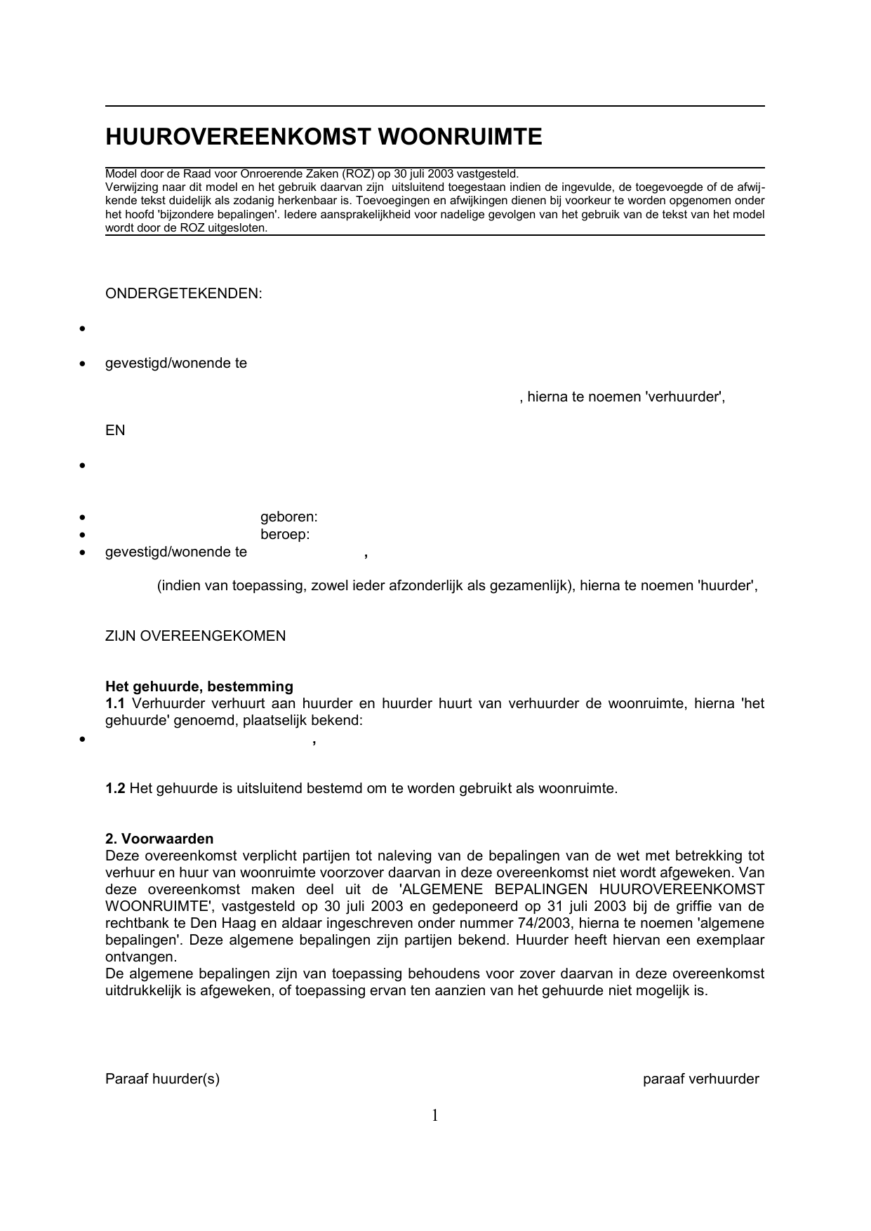 Huurovereenkomst Woonruimte - Algemene Bepalingen Huurovereenkomst Woonruimte 2024