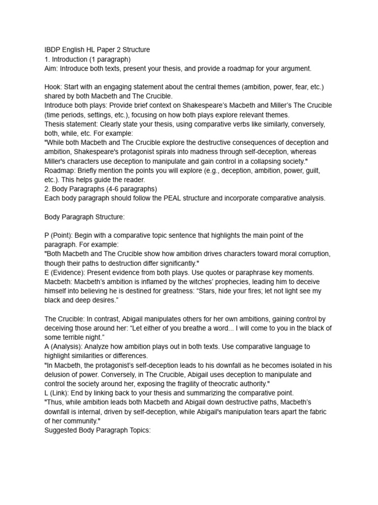 IB ENGLISH Paper 2 Structure with checklist | PDF | Macbeth | Essays - Ib English Paper 1 Example