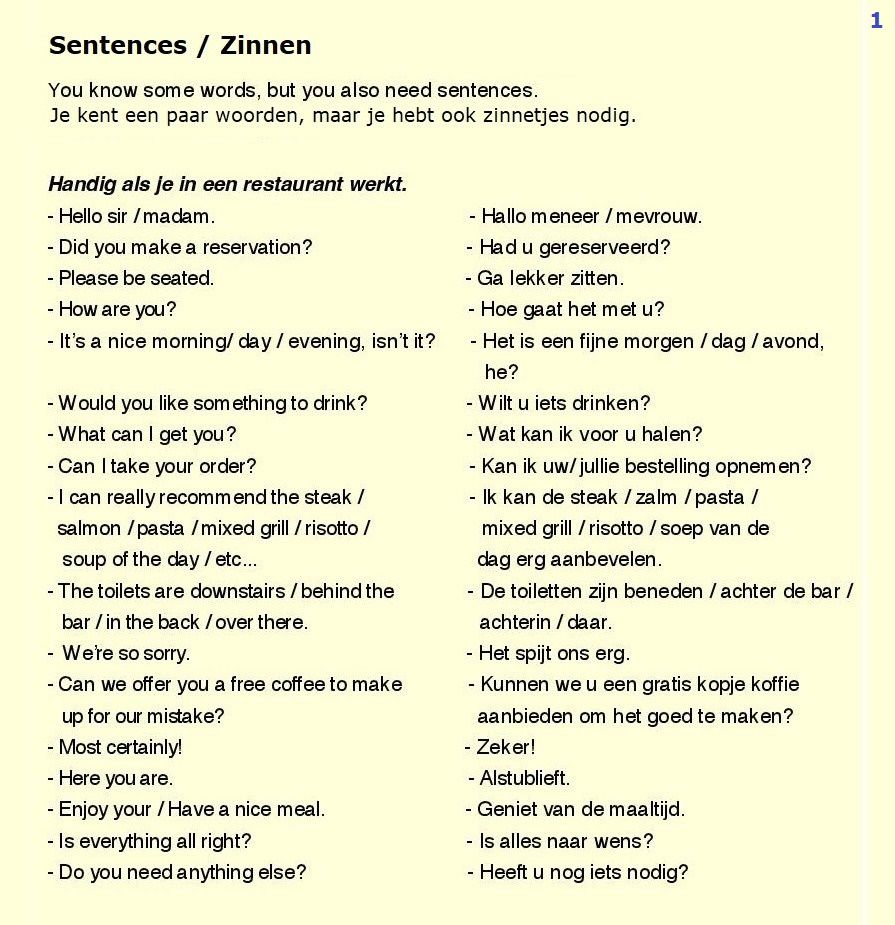 In het restaurant (zinnen) (1) | Spellingsregels, Woorden, Taal - Vertalen Nederlands Naar Spaans Zinnen