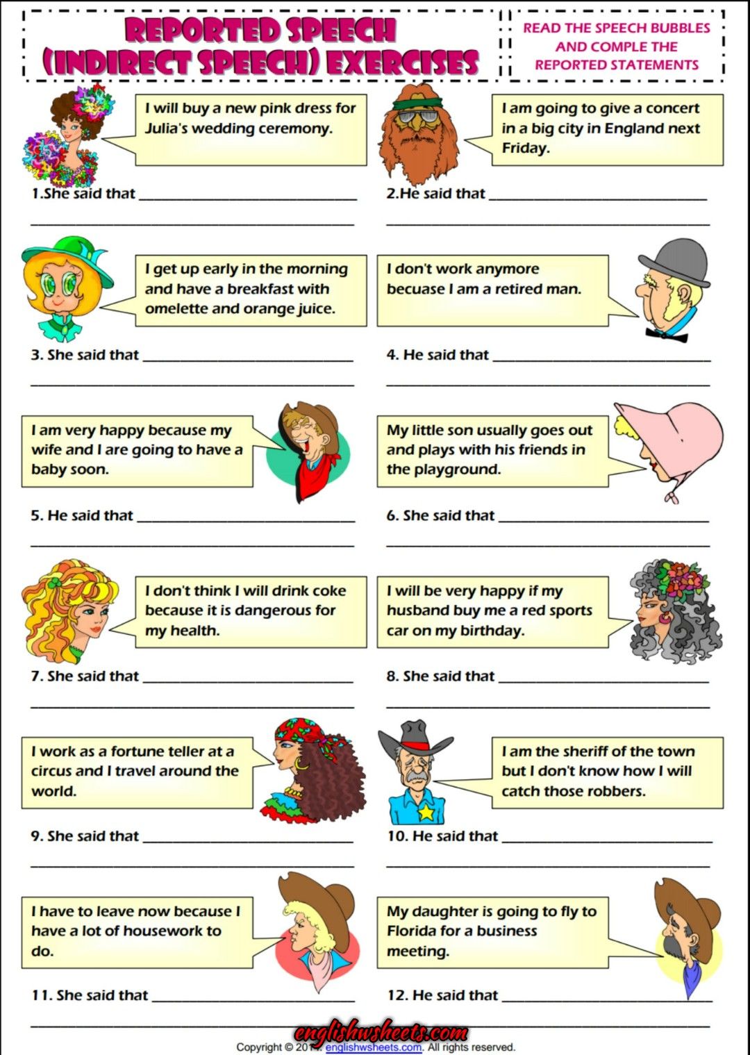 Indirect Speech ESL Grammar Exercise Worksheet | Reported speech - Direct Speech To Reported Speech Exercises