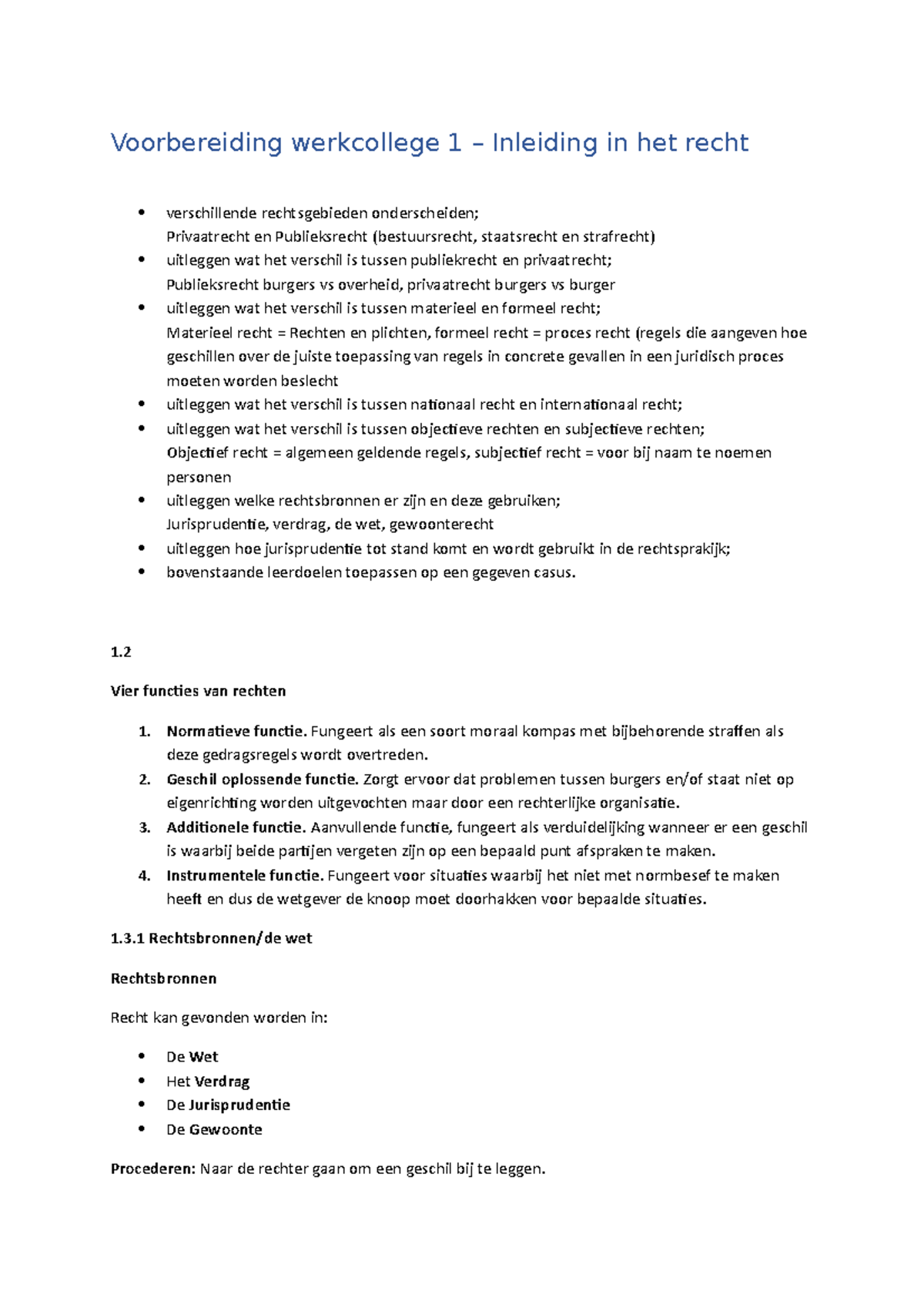 Inleiding in het Recht HBO - Voorbereiding werkcollege 1 – Inleiding in - Inleiding Voor Of Na Inhoudsopgave