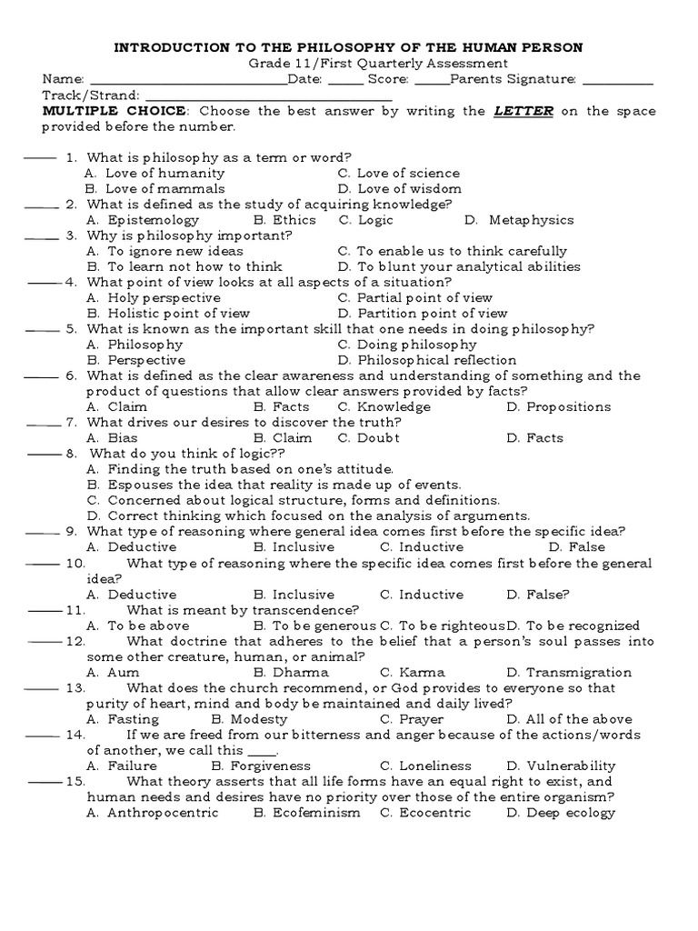 Introduction To The Philosophy 1ST Quarter Test | PDF | Logic | Idea - Introduction To The Philosophy Of The Management Sciences