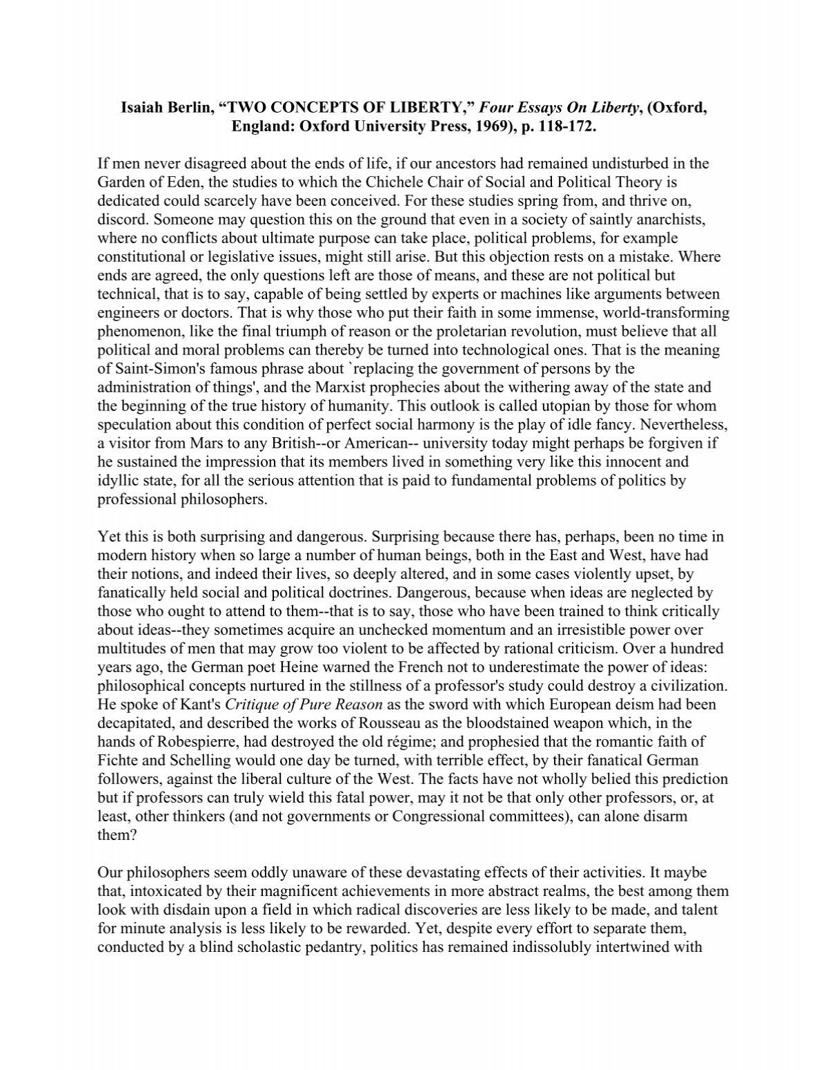 Isaiah Berlin, “TWO CONCEPTS OF LIBERTY,” - Ambidextrous Civic - Isaiah Berlin Two Concepts Of Liberty