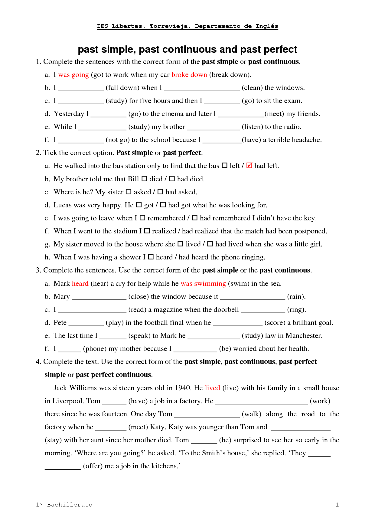 Exercise With Past Perfect And Past Simple