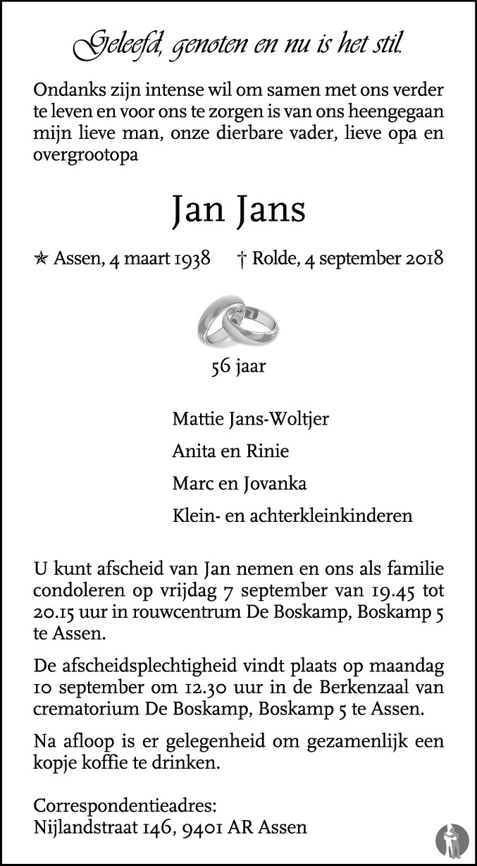 Jan Jans 04-09-2018 overlijdensbericht en condoleances - Mensenlinq.nl - Jeroentje Jan Jans En De Kinderen