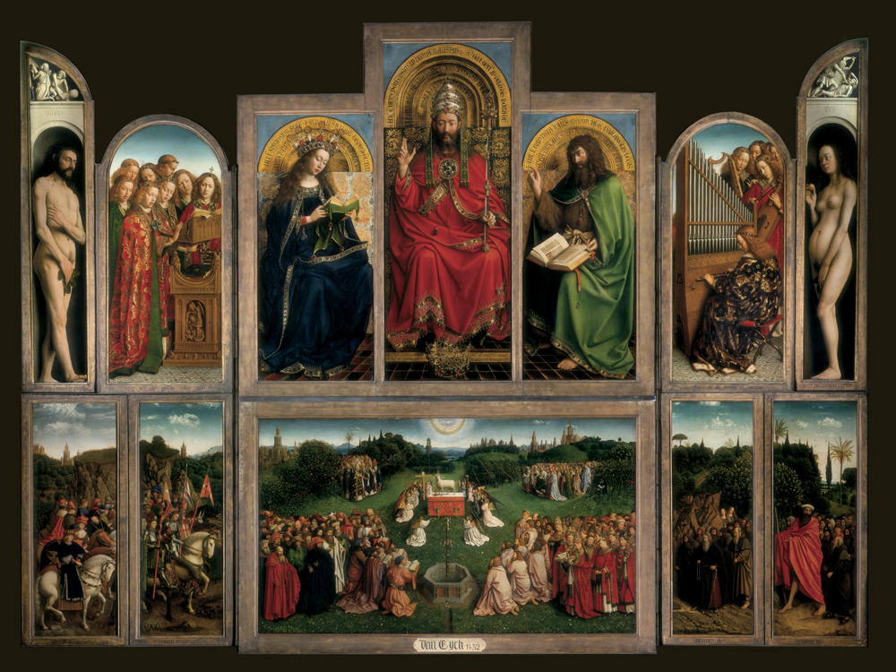 Jan van Eyck, Ghent Altarpiece, 1432, open – The Free Art History Course - Het Lam Gods Van De Gebroeders Van Eyck