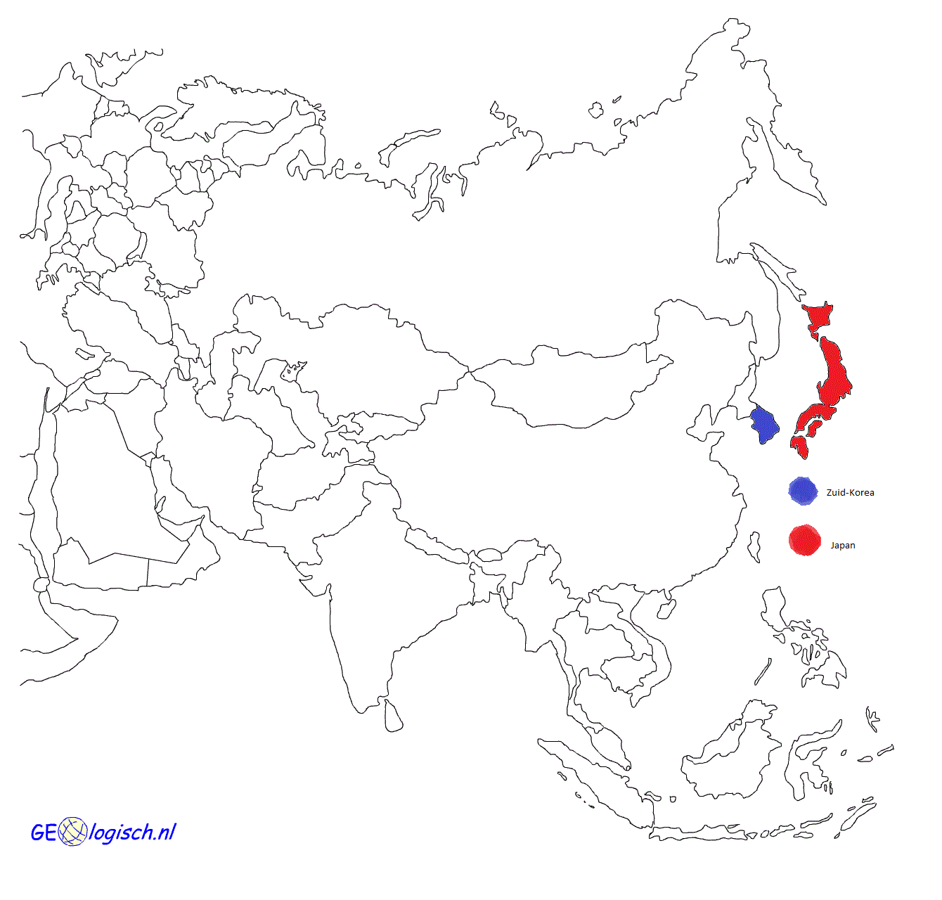 Japan en Zuid-Korea aangeduid op de kaart. Japan is rood en Zuid-Korea - Hoe Groot Is Japan Ten Opzichte Van Nederland