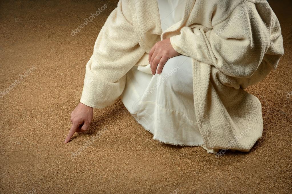 Jesus Writing in the Sand — Stock Photo © ginosphotos1 #18415331 - Hij Die Zonder Zonde Is Werpe De Eerste Steen
