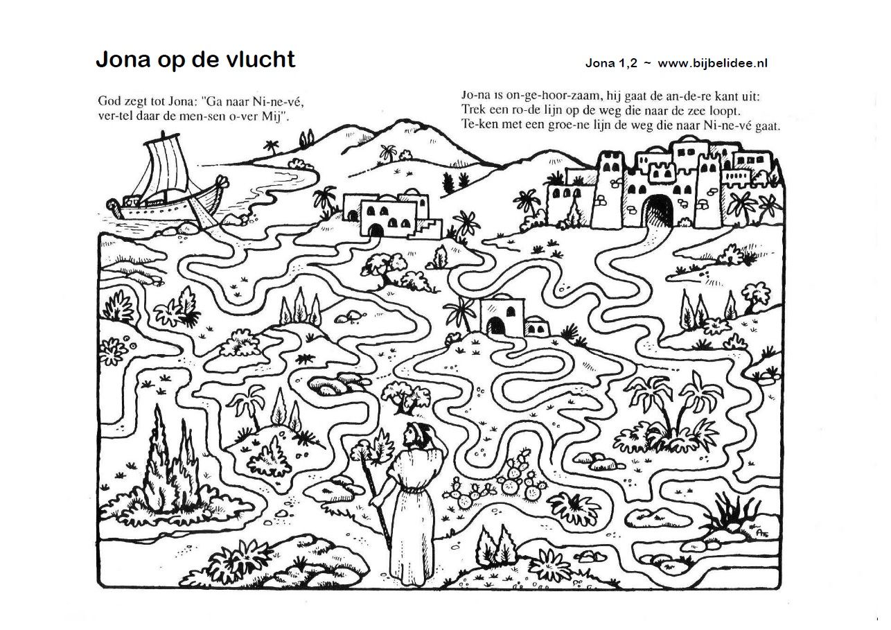 Jona op de vlucht doolhof Jonah maze Draw a red line to the sea and a - Jona En De Walvis Bijbel