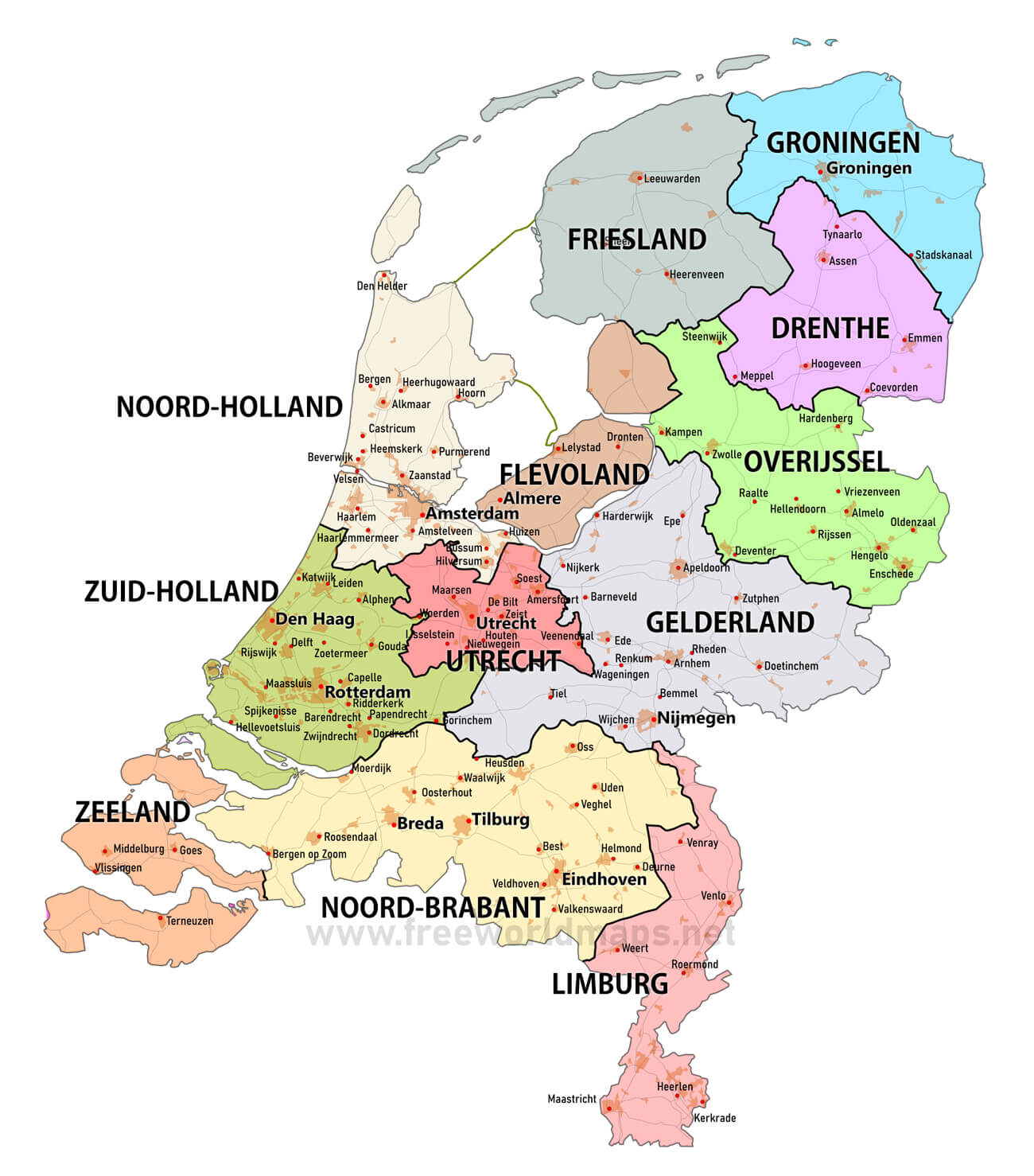 Kaarten van Nederland - Kaart Van Nederland Met Provincies En Steden