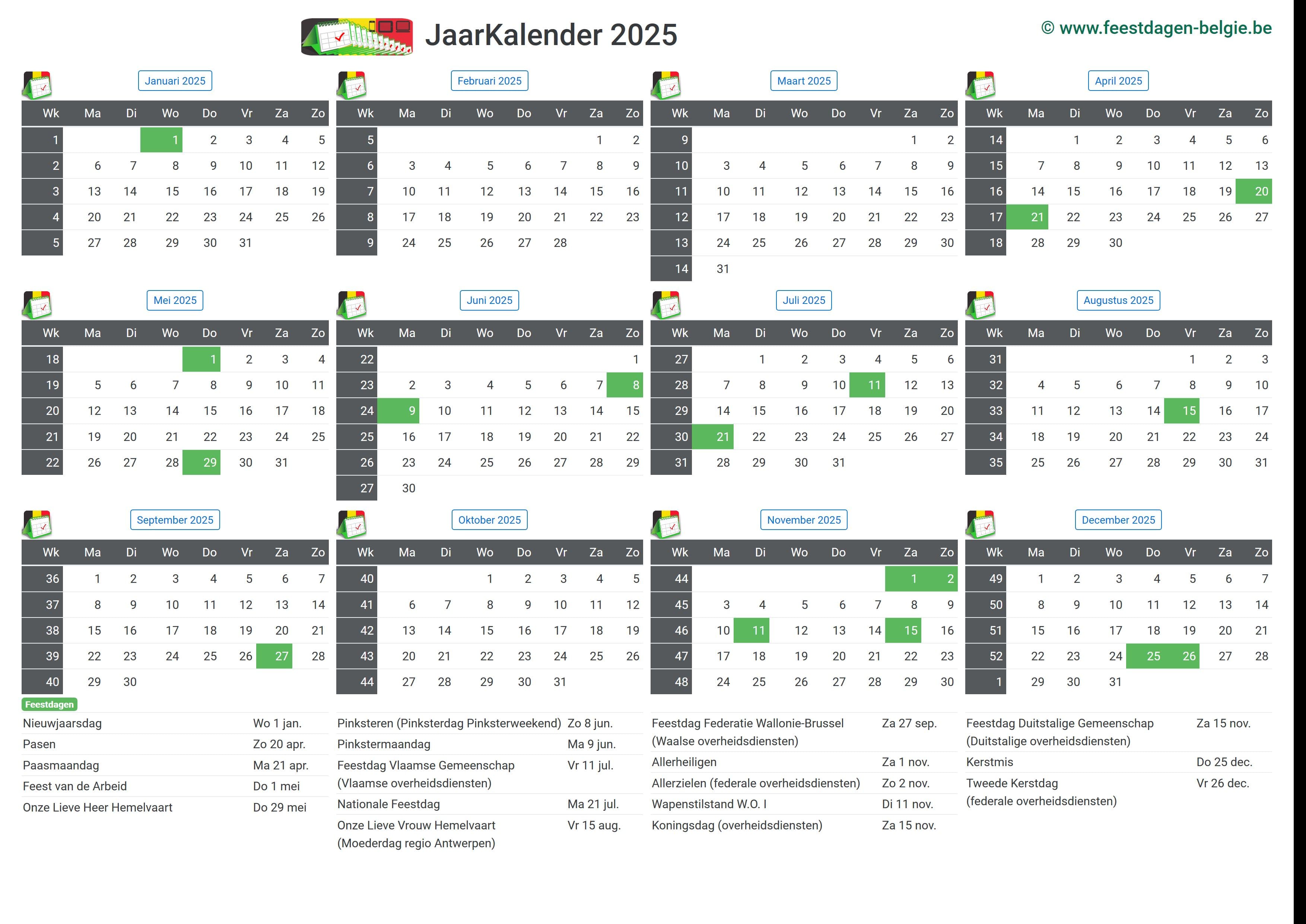 Kalender 2025 Jaarkalender | België verlengde weekends feestdagen - Wanneer Is Pasen 2025