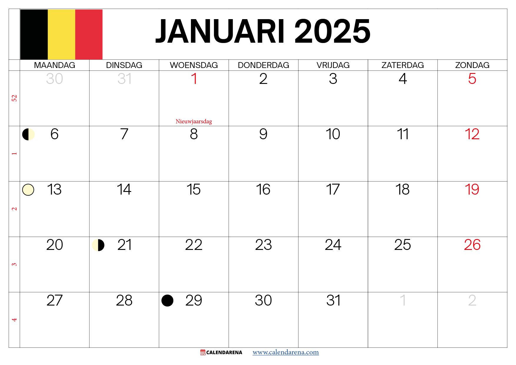 Kalender Januari 2025 België Met Weeknummers - Hoeveel Dagen Tot 18 Januari 2025