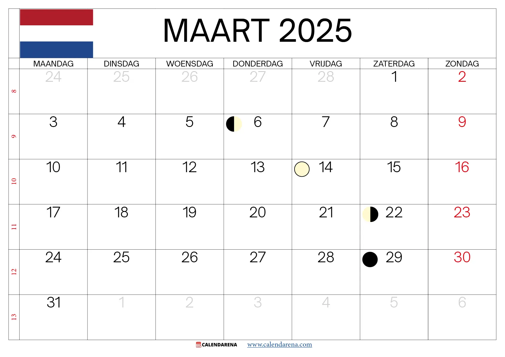 Kalender Maart 2025 Nederland Met Weeknummers - Vrijdag 29 Maart 2025