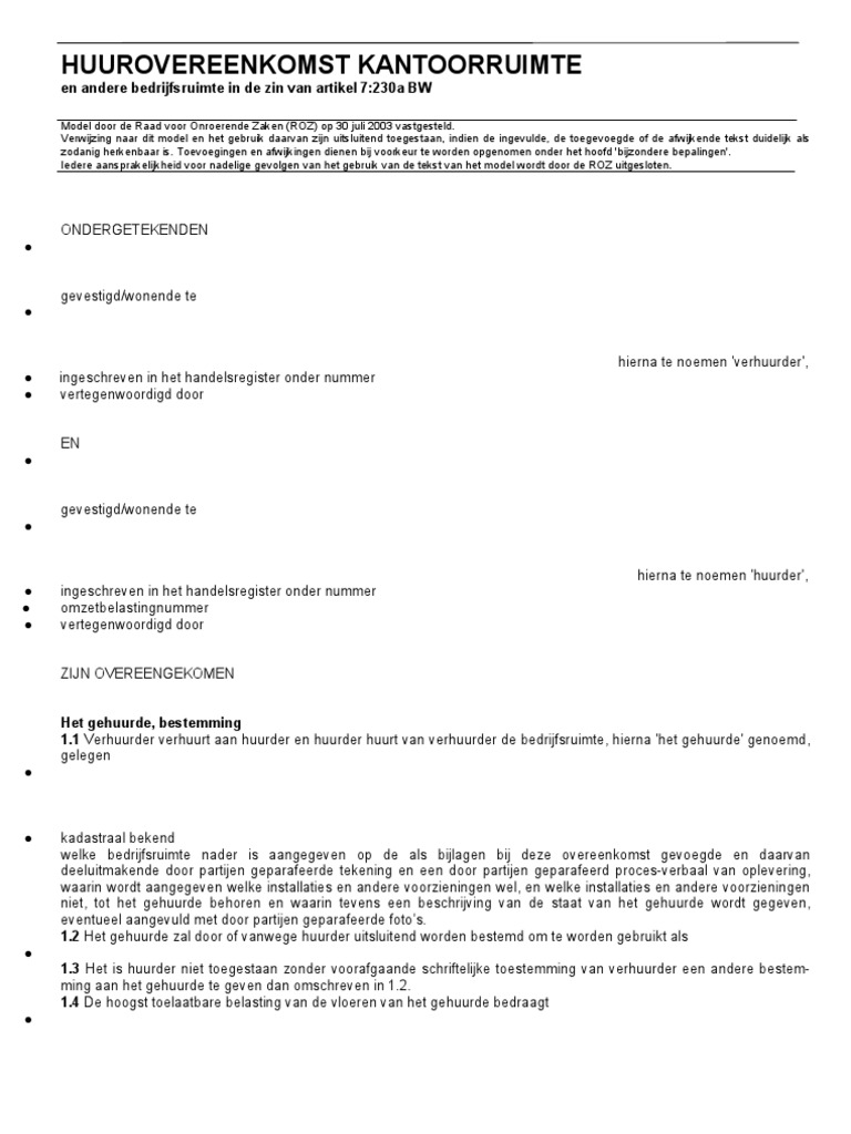 Huurovereenkomst Kantoorruimte En Andere Bedrijfsruimte