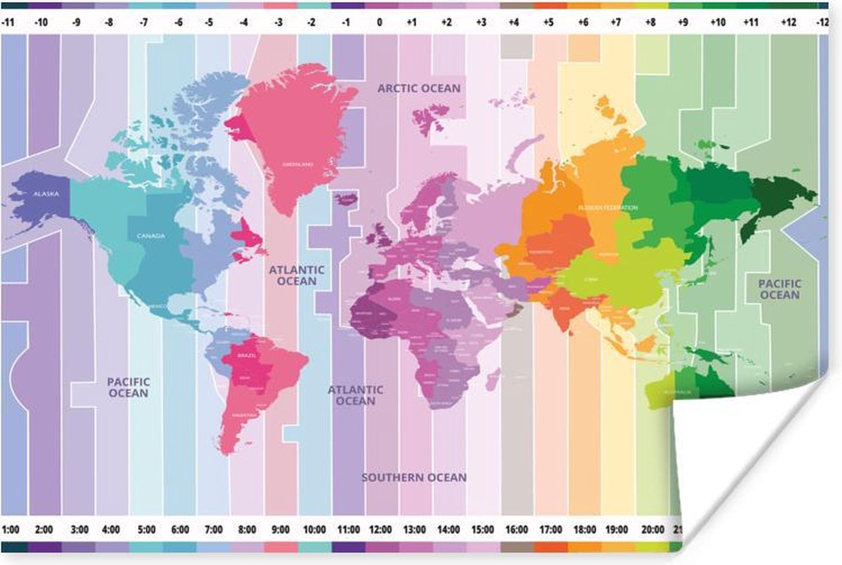 Kleurrijke wereldkaart met aangeduide tijdzones Poster | Wereldkaart - Tijden Van De Wereld