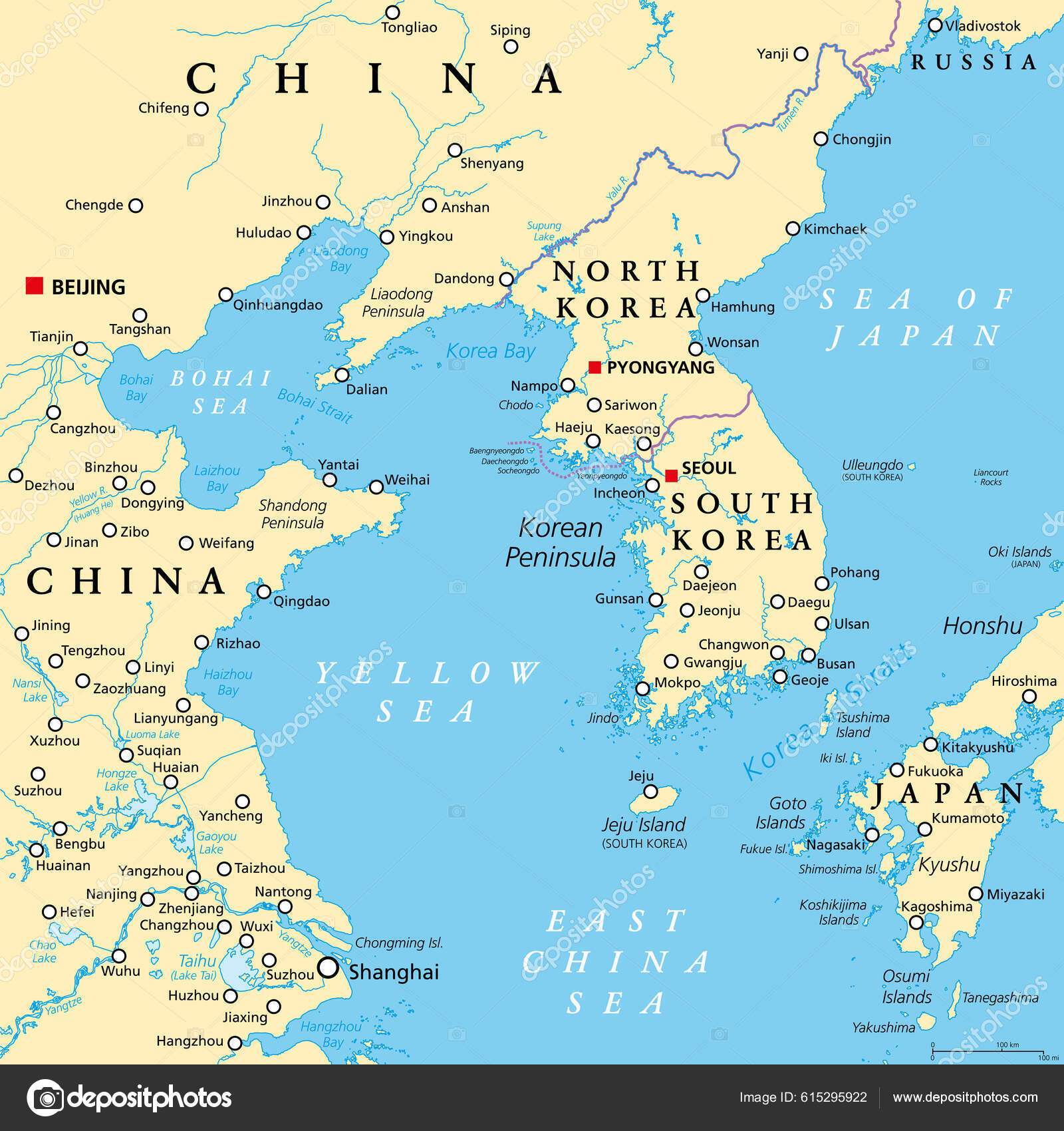 Korean Peninsula Region Political Map Peninsular Region Korea East Asia - Water Tussen China En Z Korea