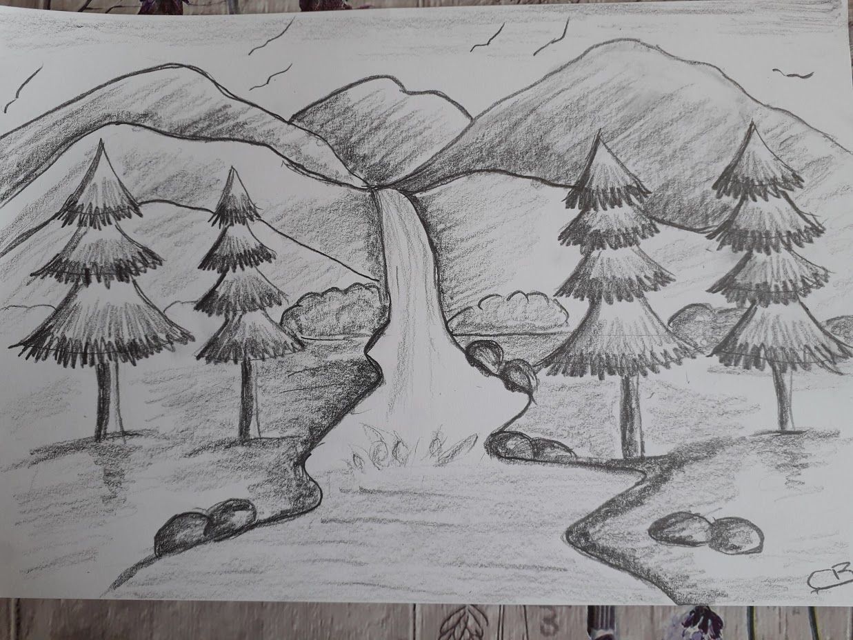 landschapje tekenen met potlood Fall Drawings, Nature Art Drawings - Getal 7 In De Natuur