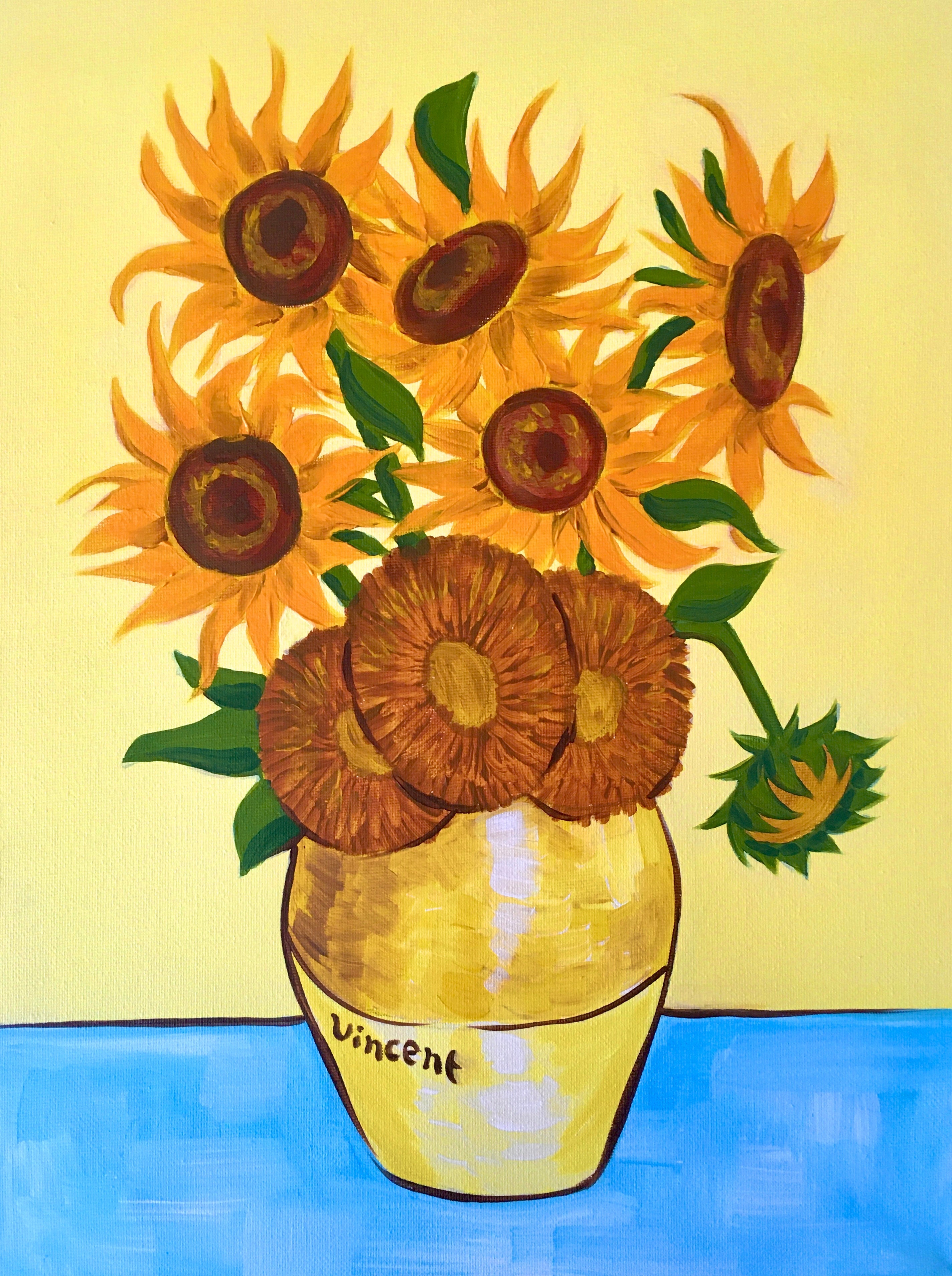 Learn to paint Van Gogh Sunflowers – Paintvine® - Hoeveel Zonnebloemen Op Schilderij Van Gogh
