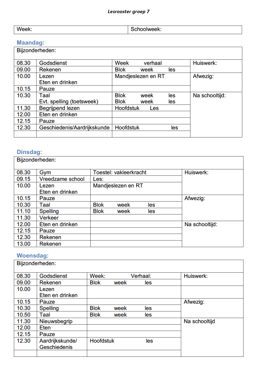Lesrooster Groep 7 - Middelbare School Met Kleine Klassen