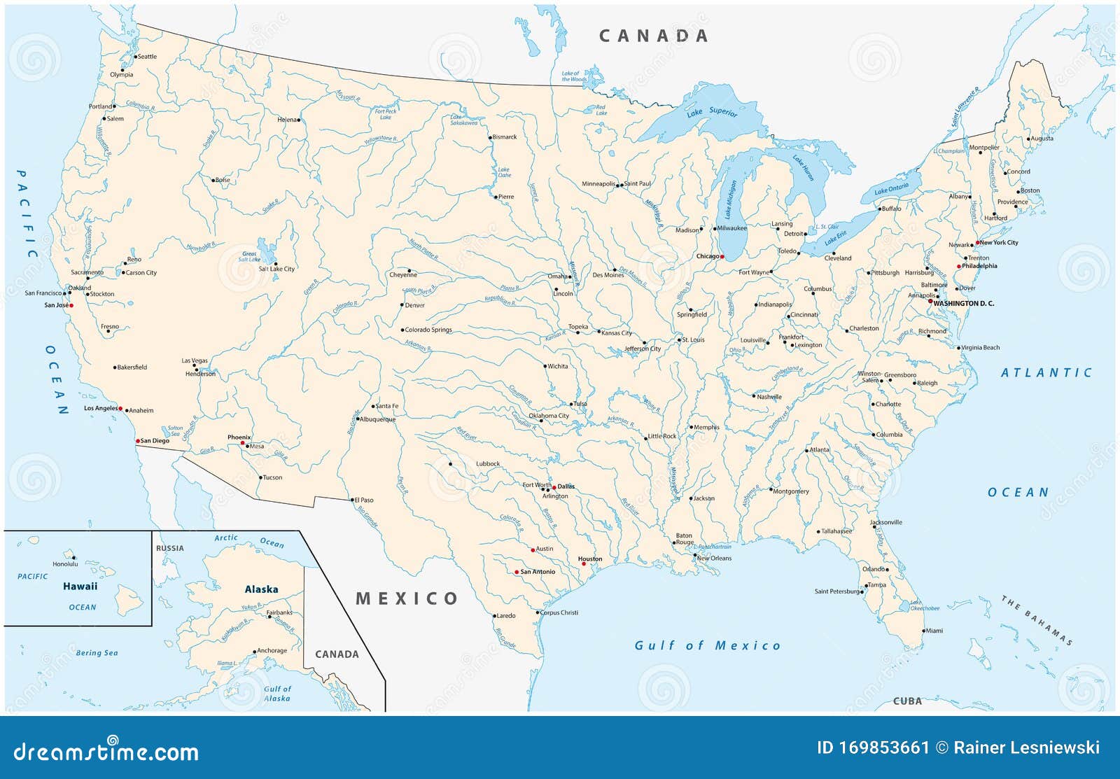 Map Of The United States With Major Cities Rivers And Lakes Cartoon - Rivier In De Verenigde Staten 4 Letters