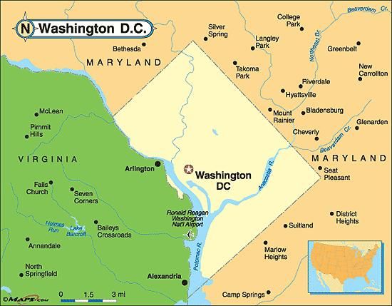 Map of Washington DC with Major Cities - Washington Dc Is In Which State Of Usa