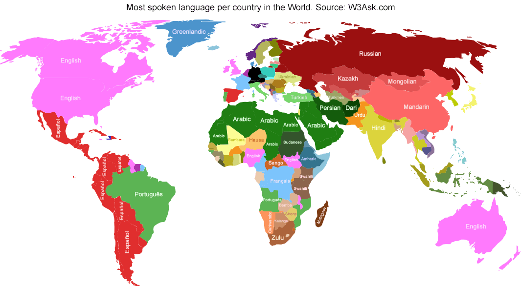 Map with the most spoken language by country in the world - Wat Is Het Minst Gesproken Taal Ter Wereld