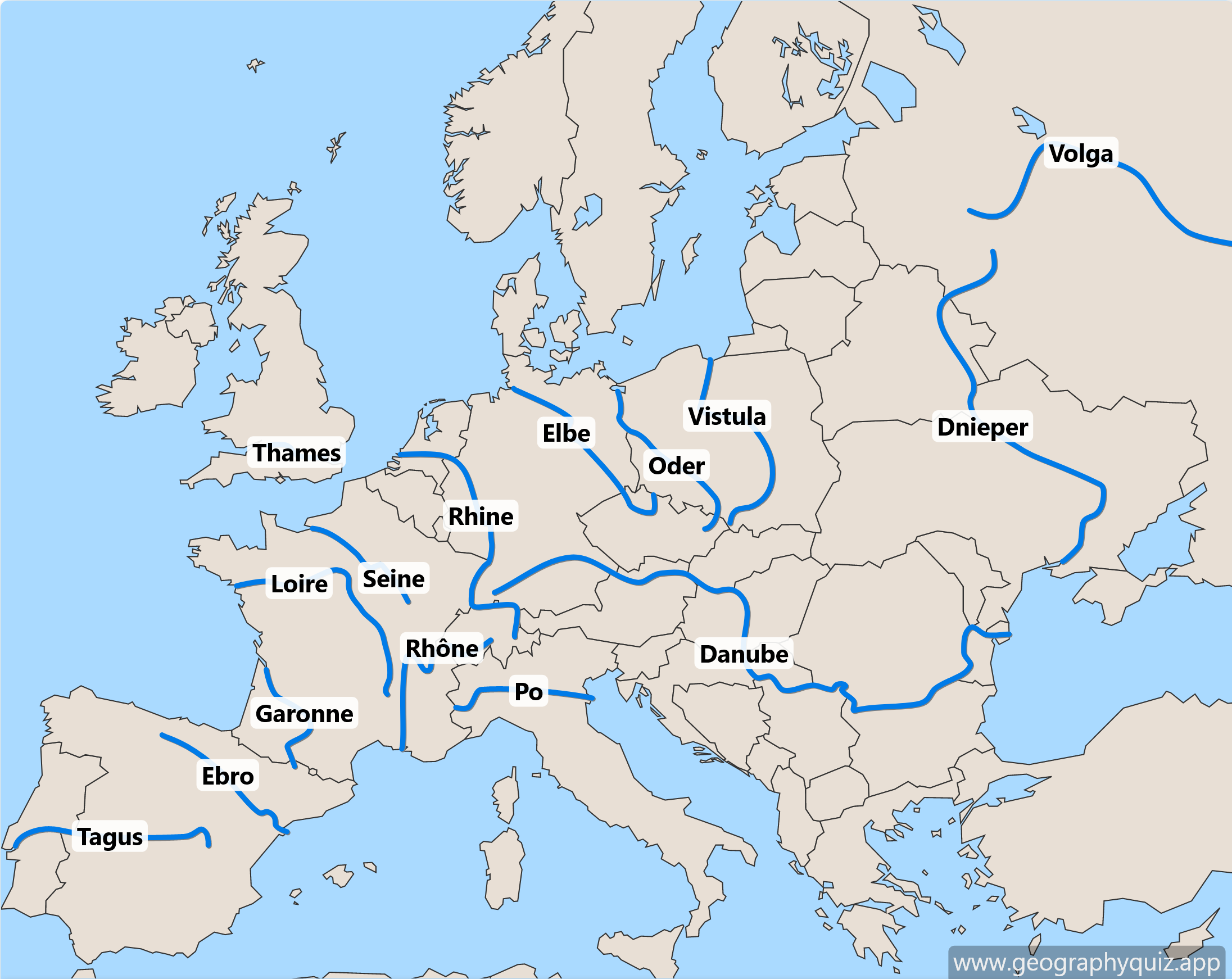 Maps of Europe - Rivers | 🌎 Geographyquiz.app - Franse Rivier En Departement 4 Letters