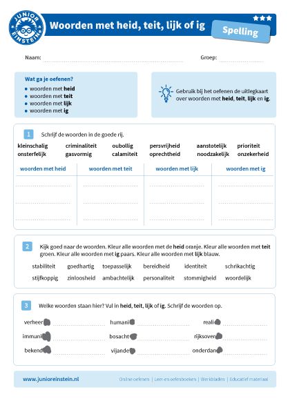 Met dit werkblad kun je woorden oefenen die eindigen op -heid, -teit - Woorden Die Eindigen Op C
