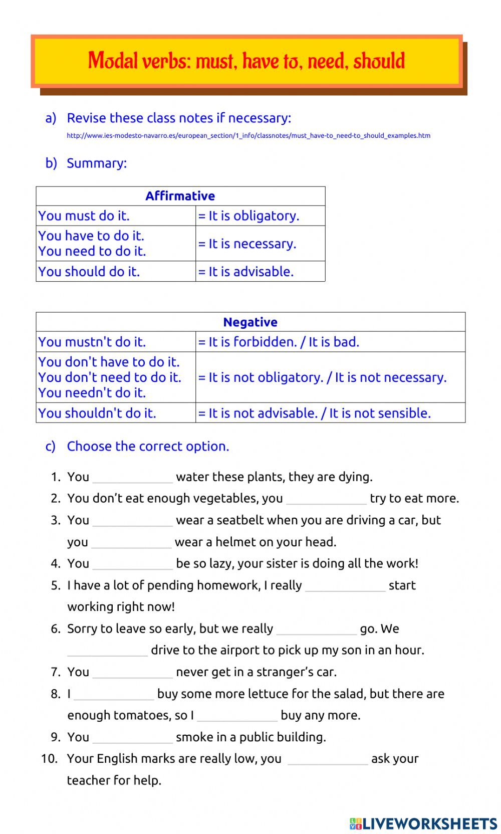 Modal verbs: must, have to, need, should worksheet - Must Should Have To Exercises
