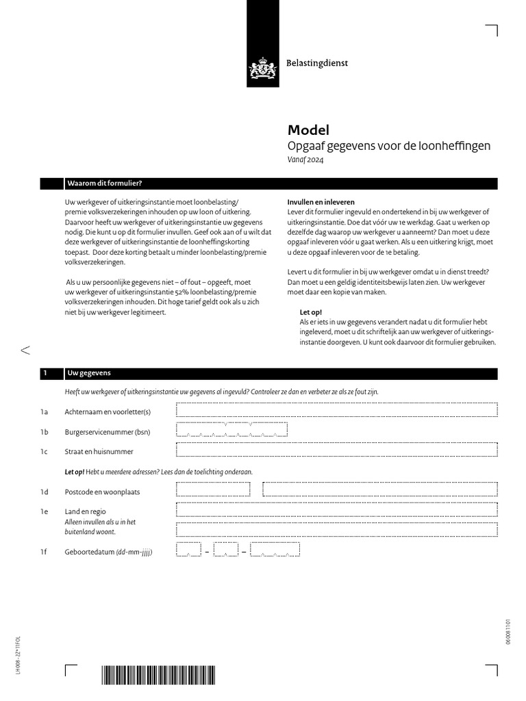 Model Opgaaf Gegevens Loonheffingen Lh0082z11fol | PDF - Model Opgaaf Gegevens Voor De Loonheffingen Studenten- En Scholierenregeling