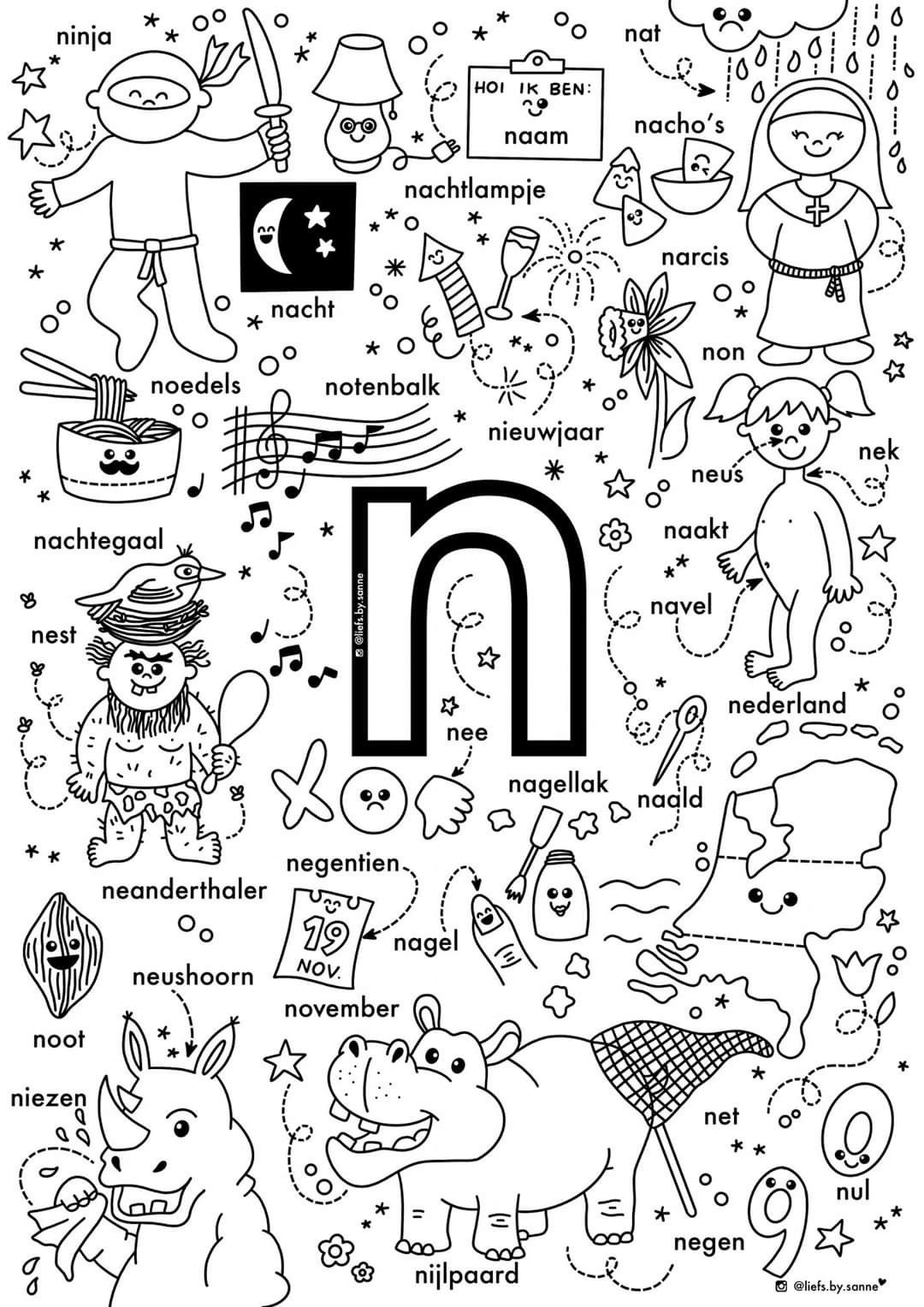 N (woorden) kleurplaat | Letterherkenning spelletjes, Alfabet boek - Woorden Die Beginnen Met O