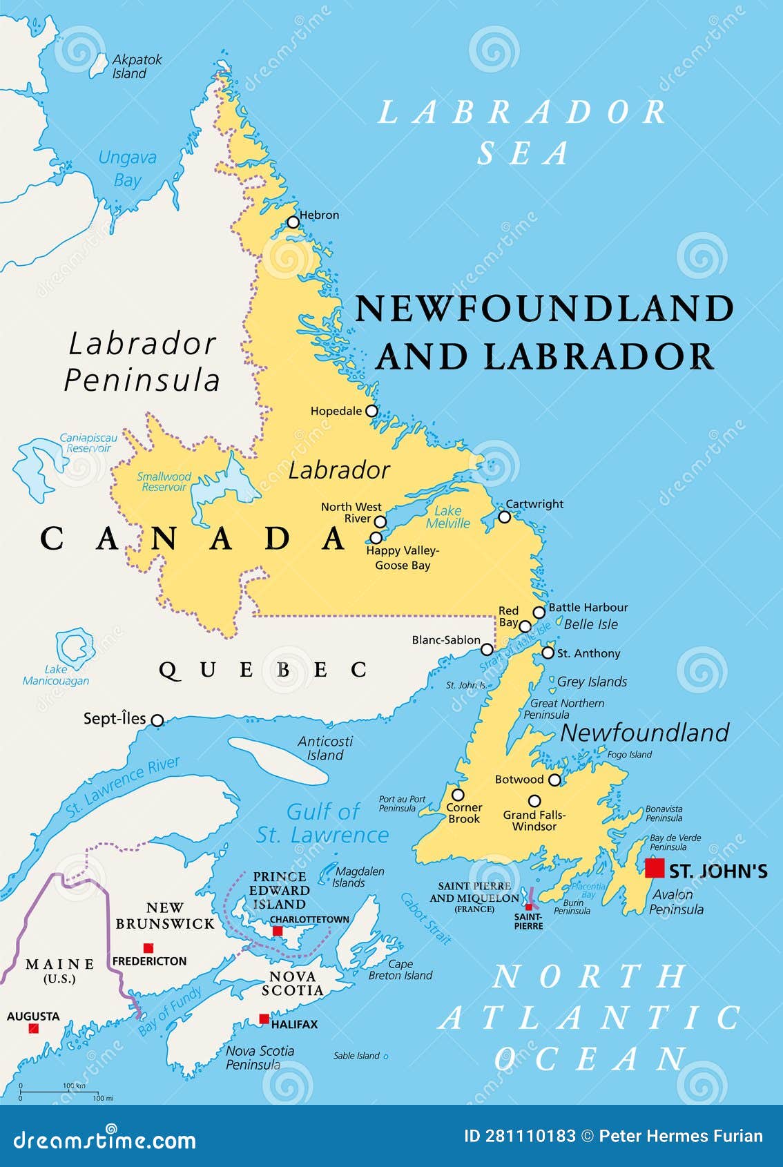 Newfoundland And Labrador, Easternmost Province Of Canada, Political - Canadees Eiland Dat Samen Met Labrador Een Provincie Vormt