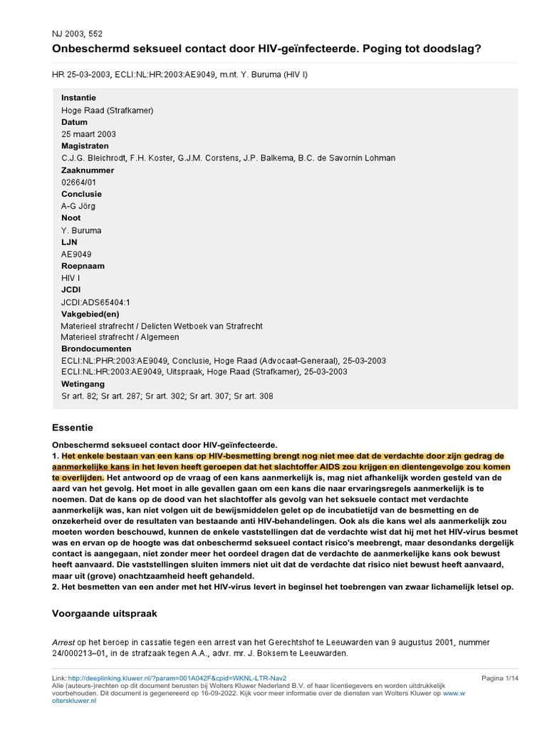 NJ 2003, 552 Onbeschermd Seksueel Contact Door HIV-genfecteerde. Poging - Poging Tot Doodslag Minimale Straf