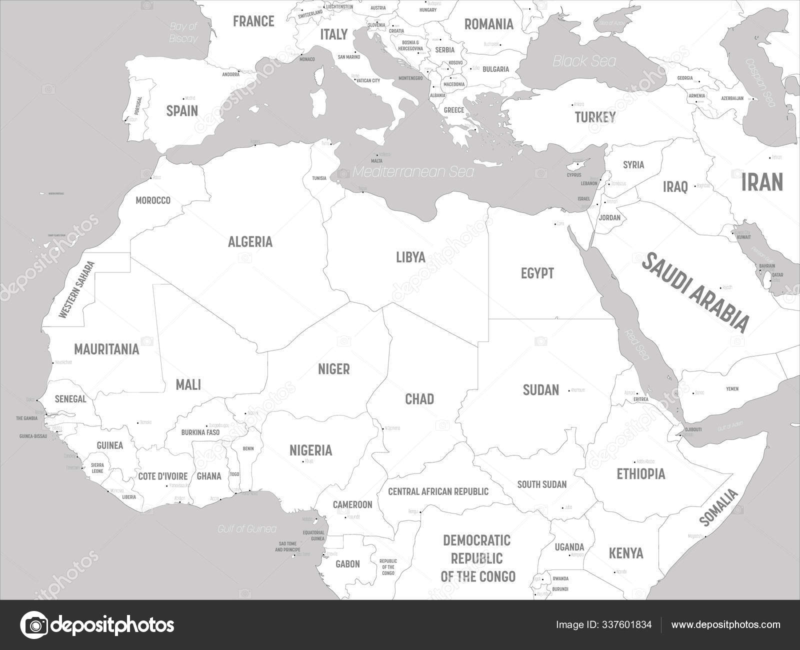 Northern Africa map - white lands and grey water. High detailed - Noord Afrikaanse Hoofdstad Minst Leefbaar