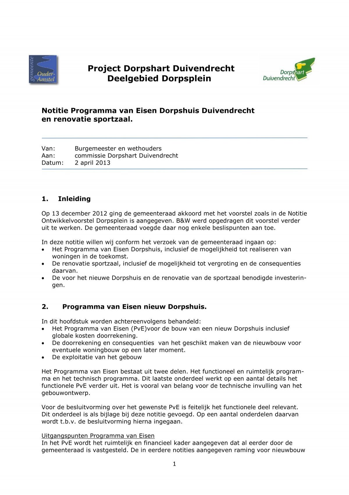 Notitie programma van eisen Dorpshuis en Sportzaal (pdf) - Programma Van Eisen Voorbeeld Bouw