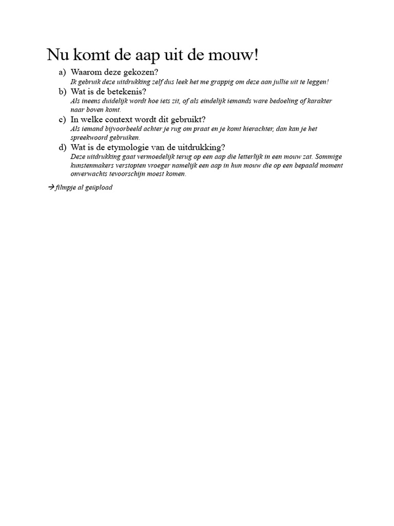 Nu Komt de Aap Uit de Mouw | PDF - Het Komt Uit De Oven En Je Woont Erin Antwoord