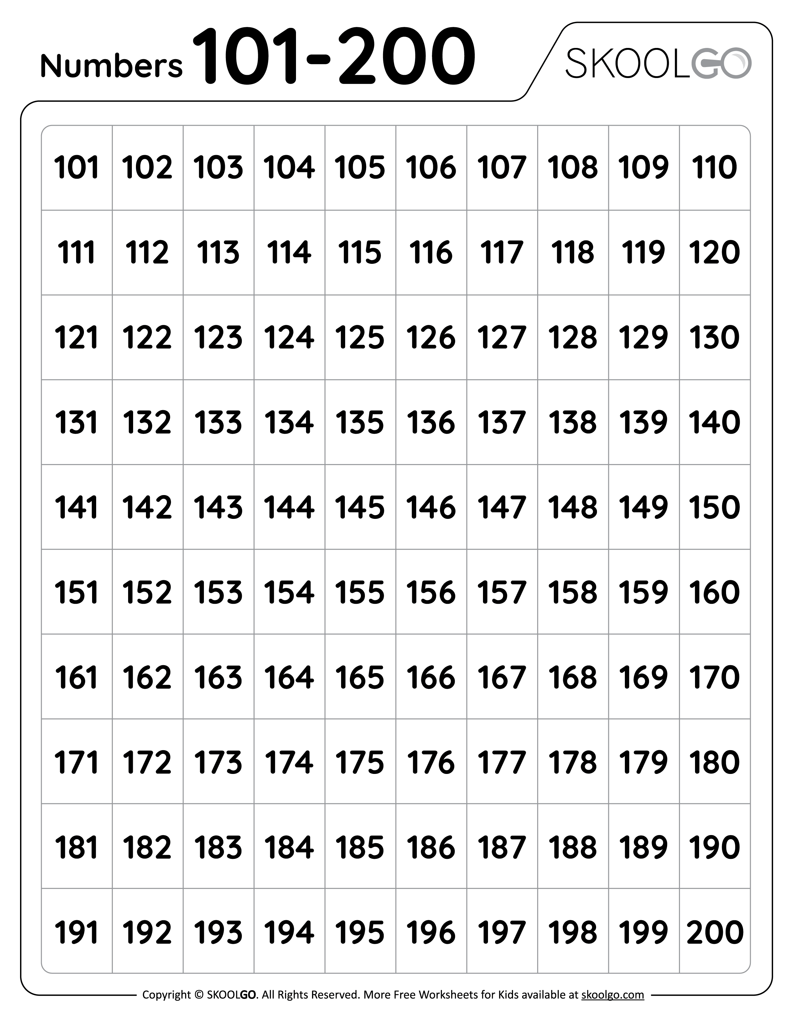 Numbers 101 to 200 - Free Worksheet for Kids - SKOOLGO - 200 Gram Suiker Is Hoeveel Ml